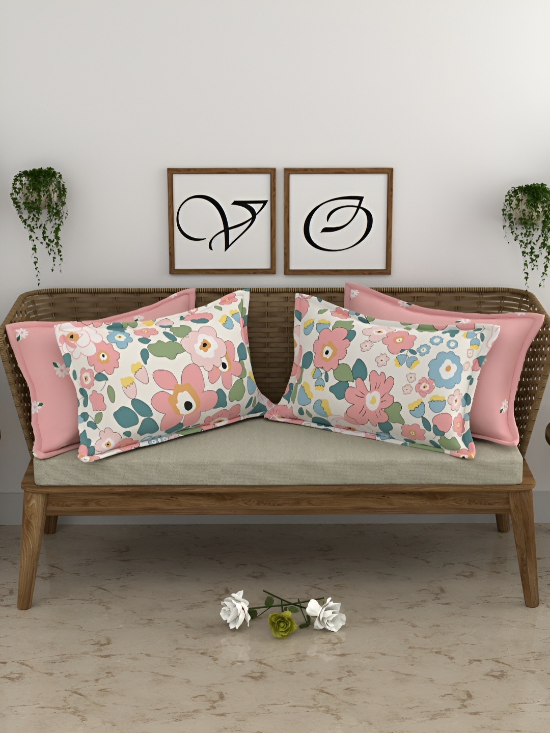 

CHHAVI INDIA Pink & White 4 Pieces Self Design Pure Cotton Rectangle Pillow Covers