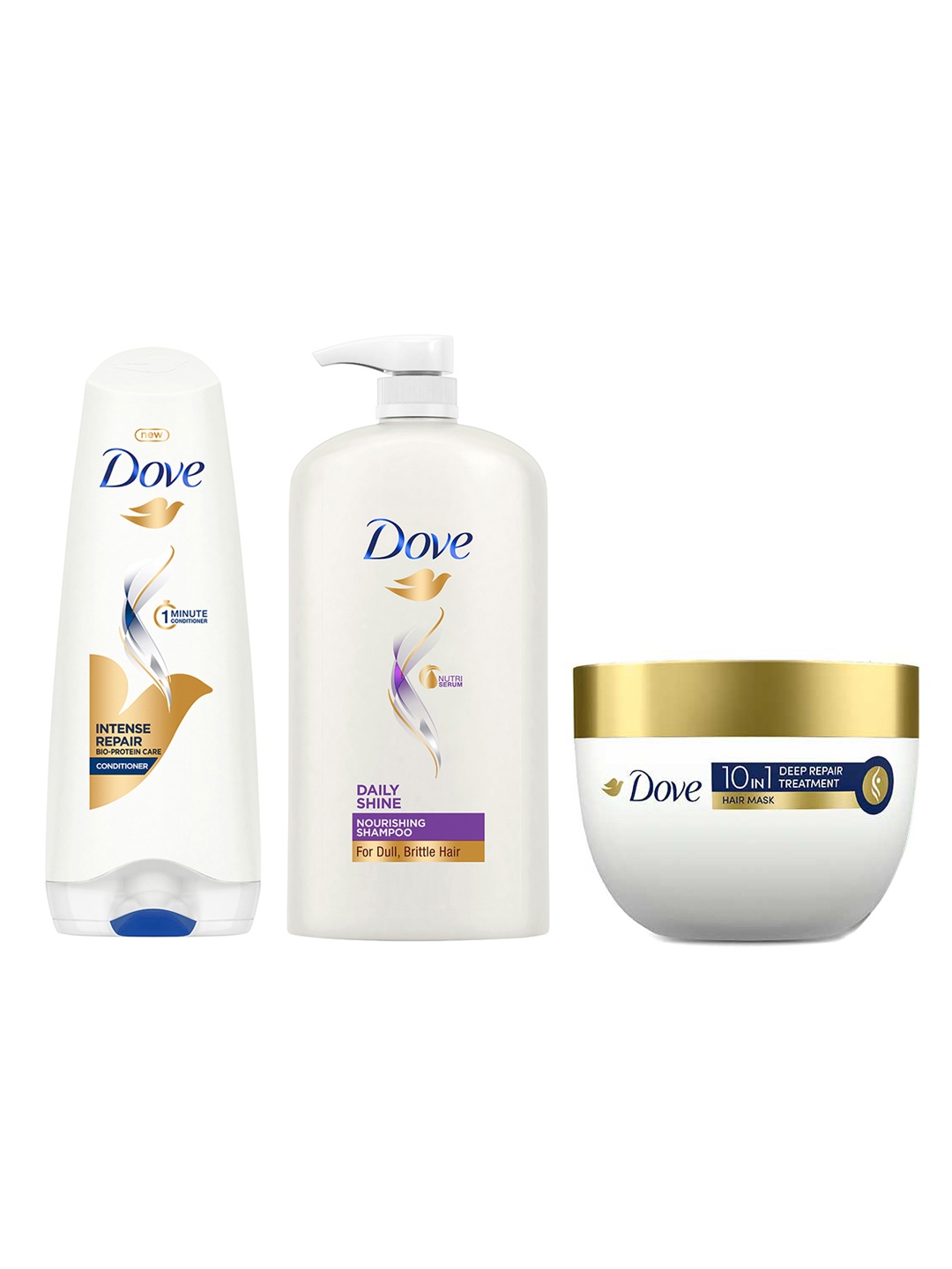 

Dove Set of Daily Shine Shampoo+Intense Repair Hair Conditioner+Deep Repair Hair Mask, White