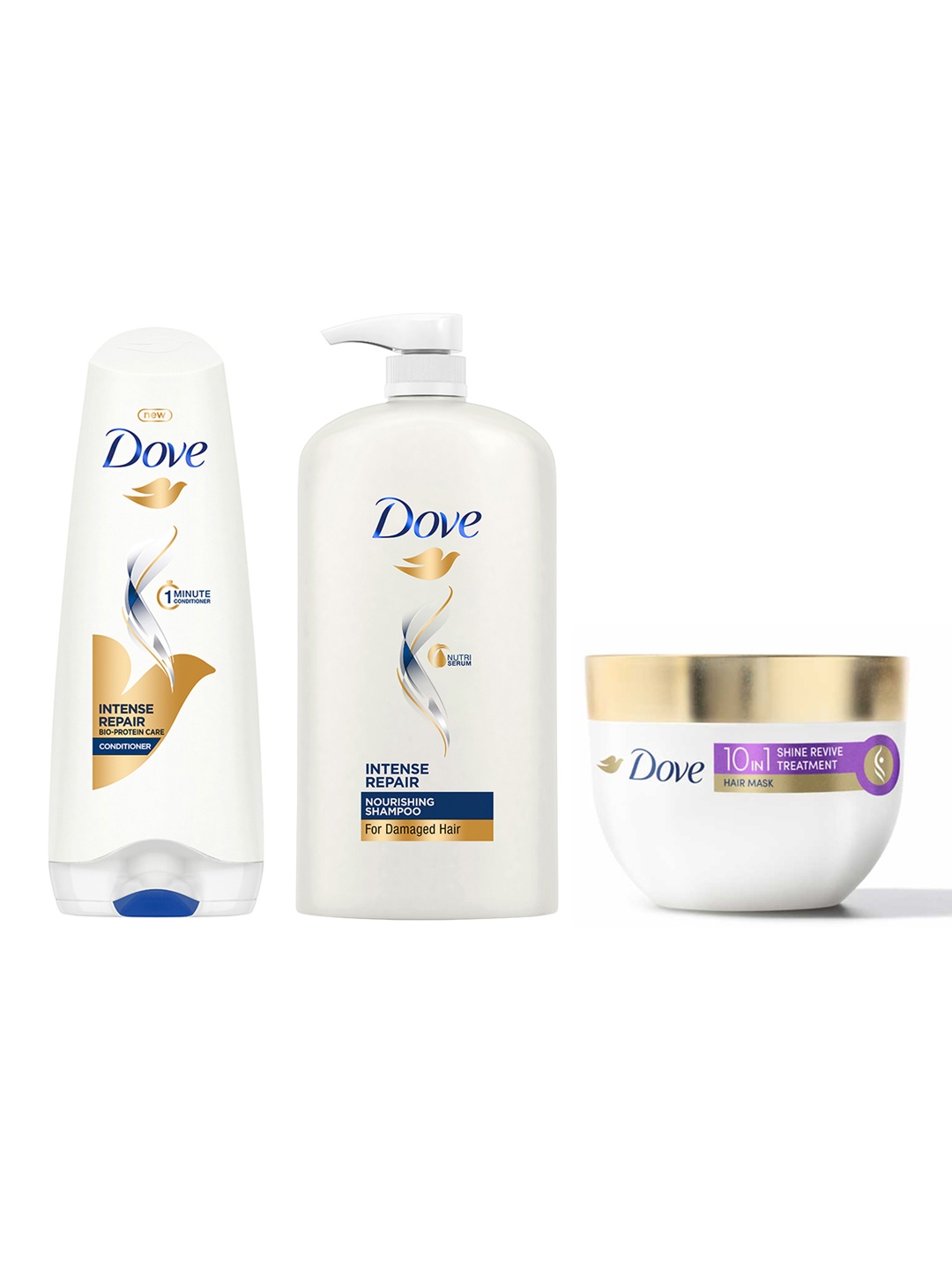 

Dove 10In1 Shine Revive Hair Mask 300ml + Intense Repair Shampoo 1L + Conditioner 175ml, White