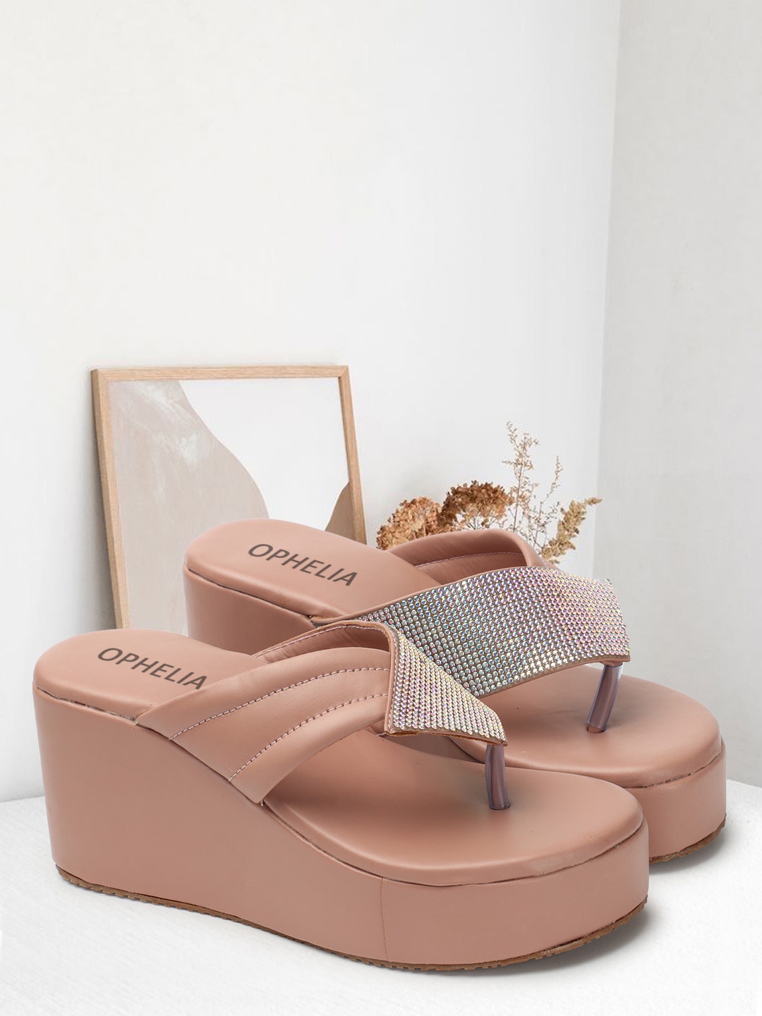 

OPHELIA Embellished Open Toe Wedge Heels, Pink