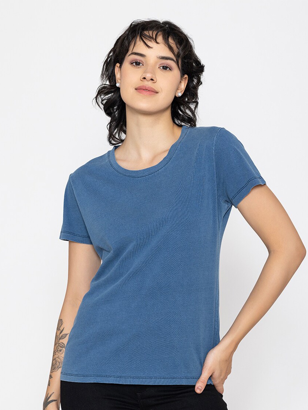 

TITTLI Round Neck Pure Cotton Casual T-shirt, Blue