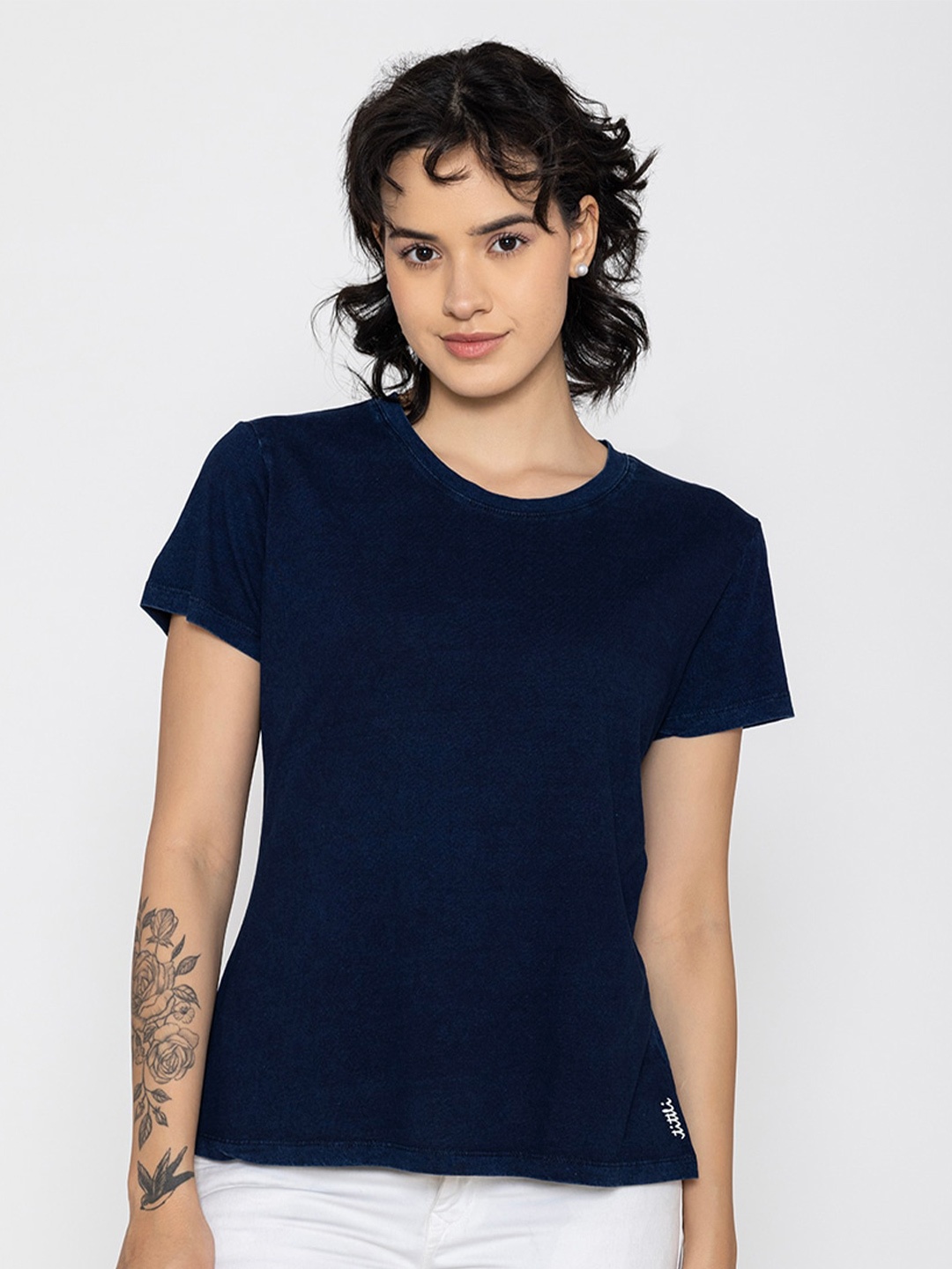 

TITTLI Round Neck Pure Cotton Casual T-shirt, Blue