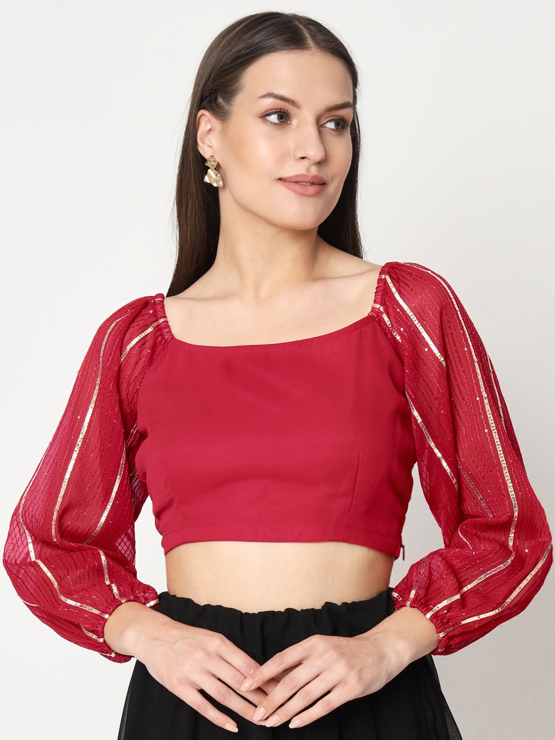 

studio rasa Georgette Linear Gota Square Neck Saree Blouse, Red