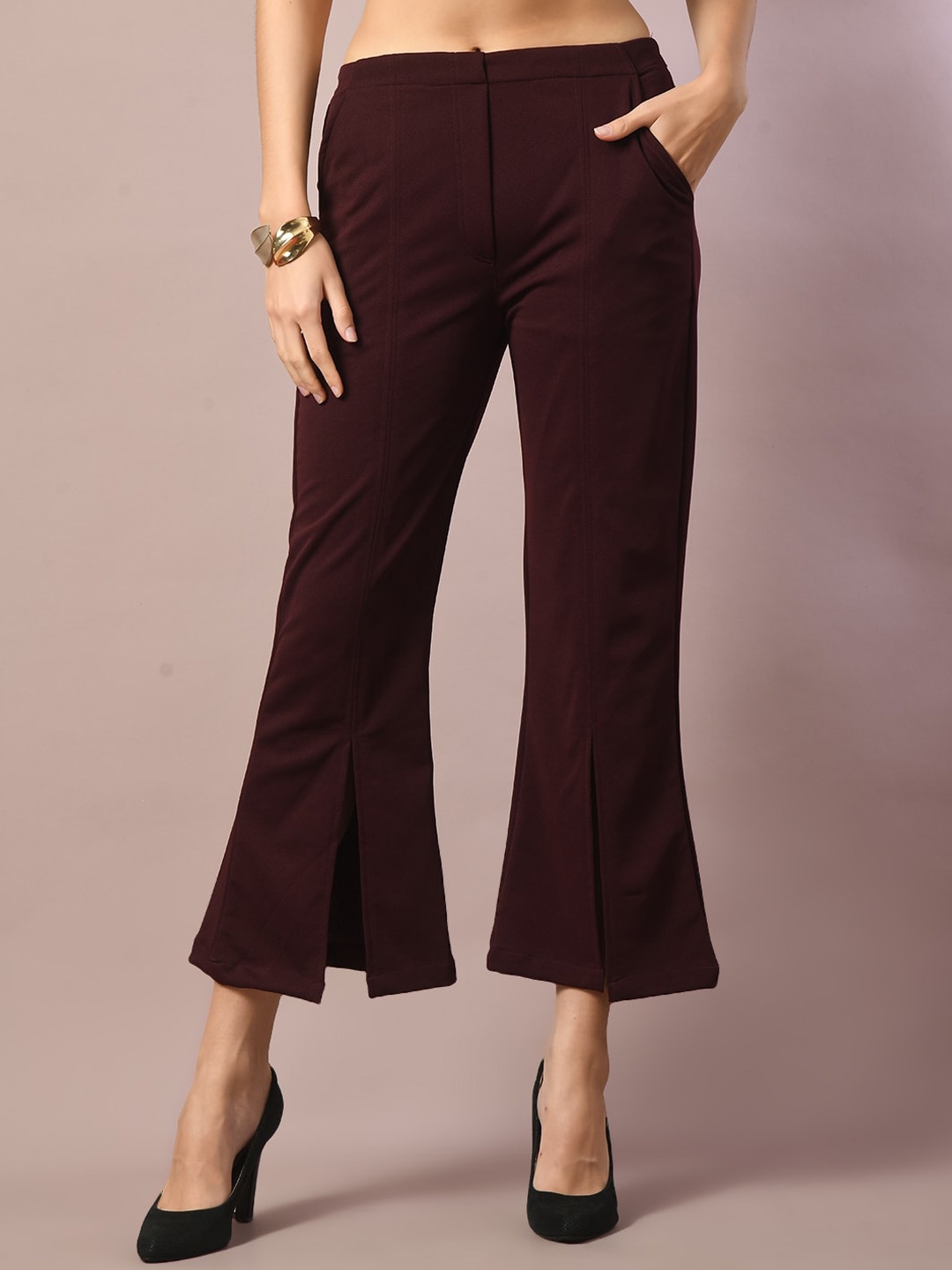 

DressBerry Women Comfort Mid-Rise Flared Wrinkle Free Bootcut Trousers, Coffee brown