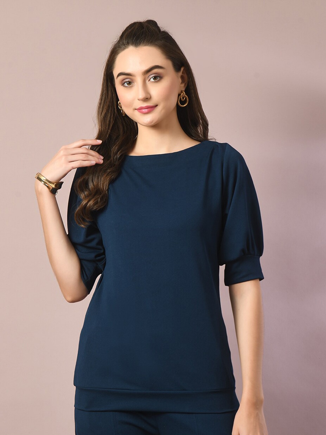 

DressBerry Blue Boat Neck Puff Sleeve Regular Top