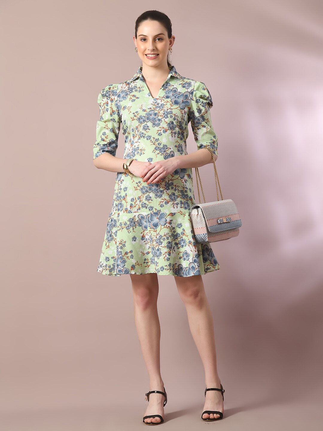 

DressBerry Green Floral Printed Shirt Collar Flared Fit and Flare Dress