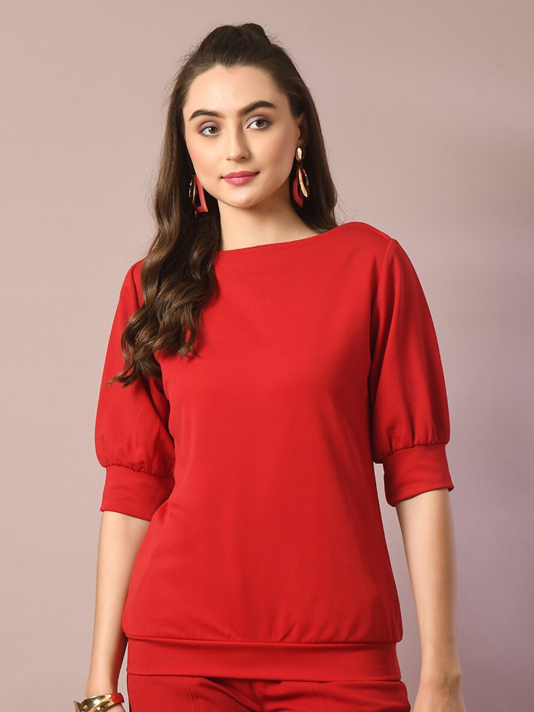 

DressBerry Boat Neck Blouson Top, Red