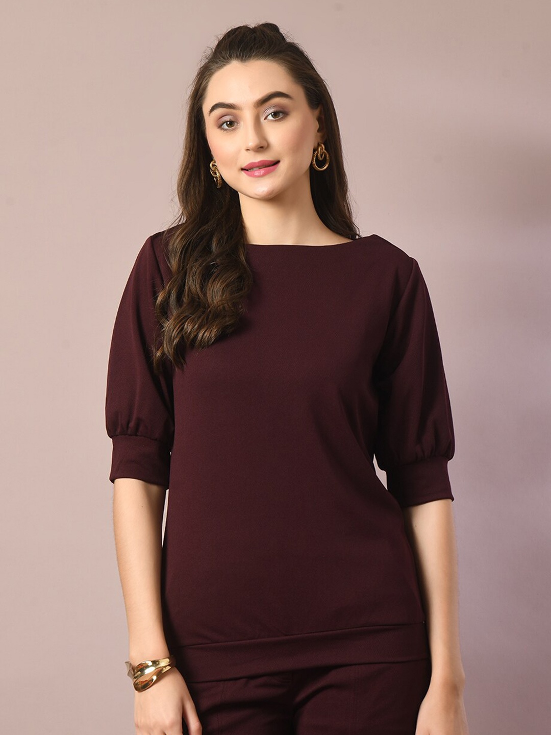 

DressBerry Coffee Brown Boat Neck Cuffed Sleeves Regular Top