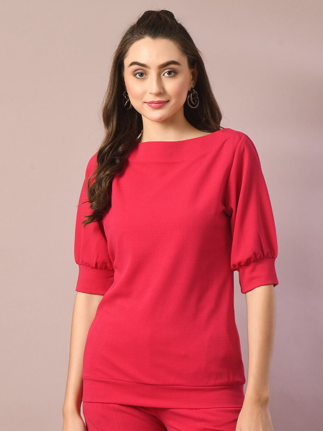 

DressBerry Boat Neck Puff Sleeves Top, Pink