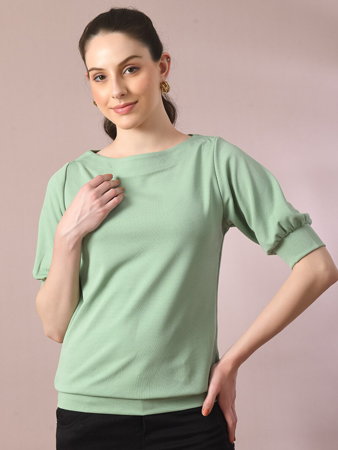 

DressBerry Boat Neck Puff Sleeves Top, Sea green