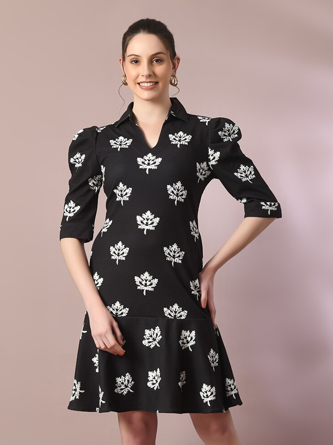 

DressBerry Floral Print Shirt Collar Short Puff Sleeves A-Line Dress, Black
