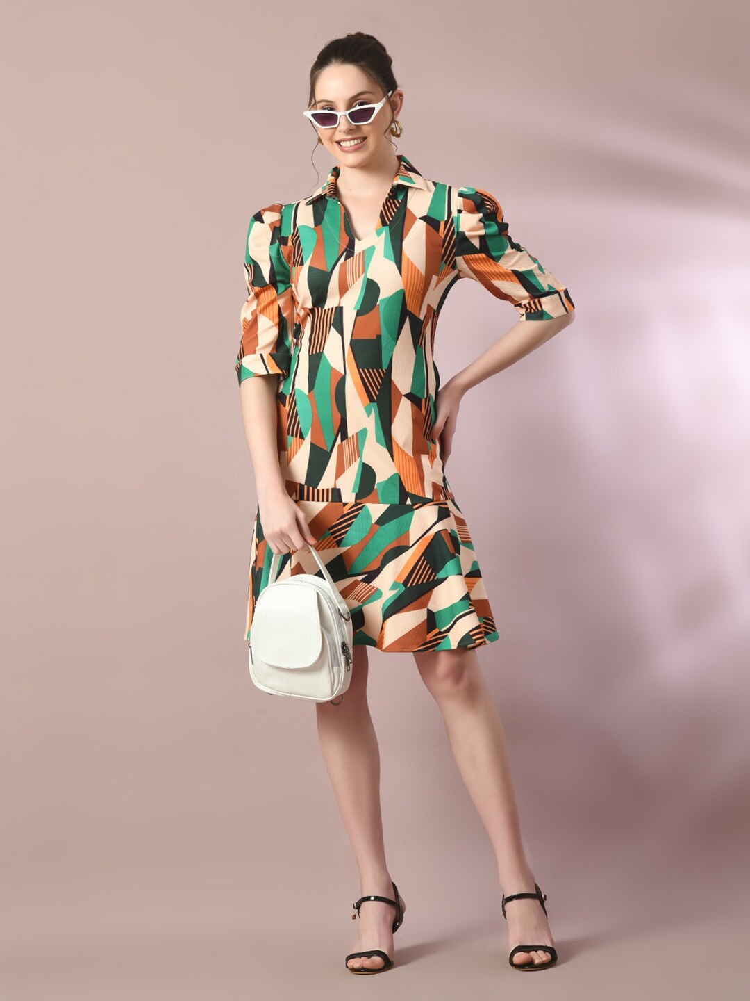 

DressBerry Abstract Print Shirt Collar Short Puff Sleeves A-Line Dress, Green