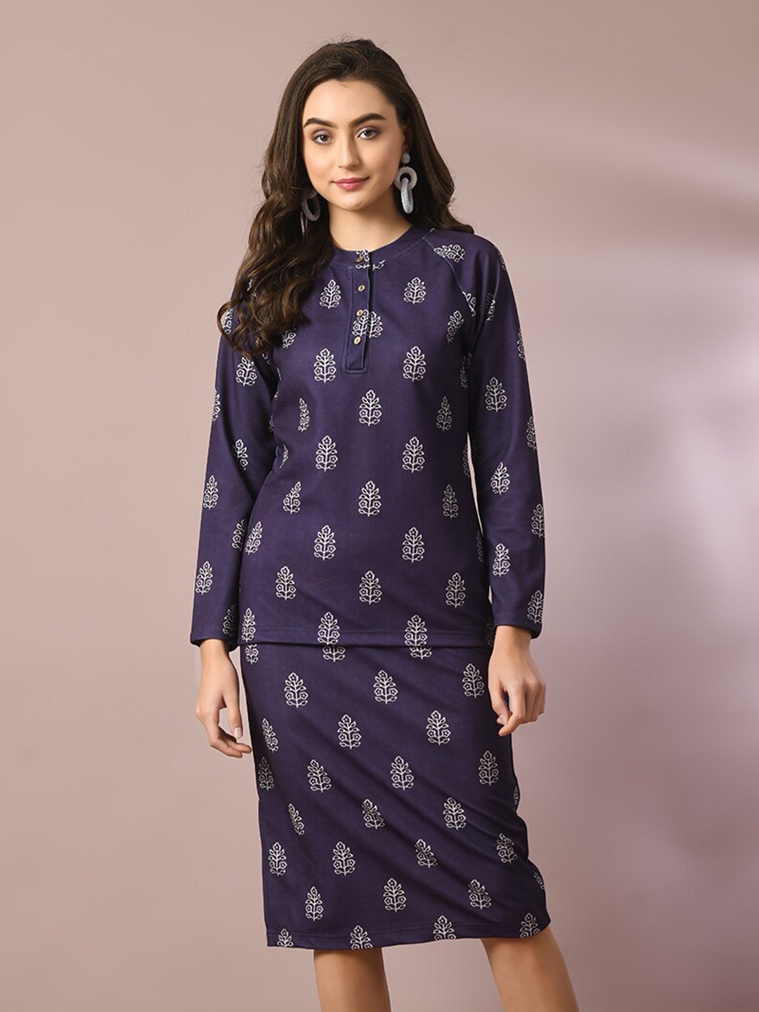 

DressBerry Print Mandarin Collar Top, Navy blue