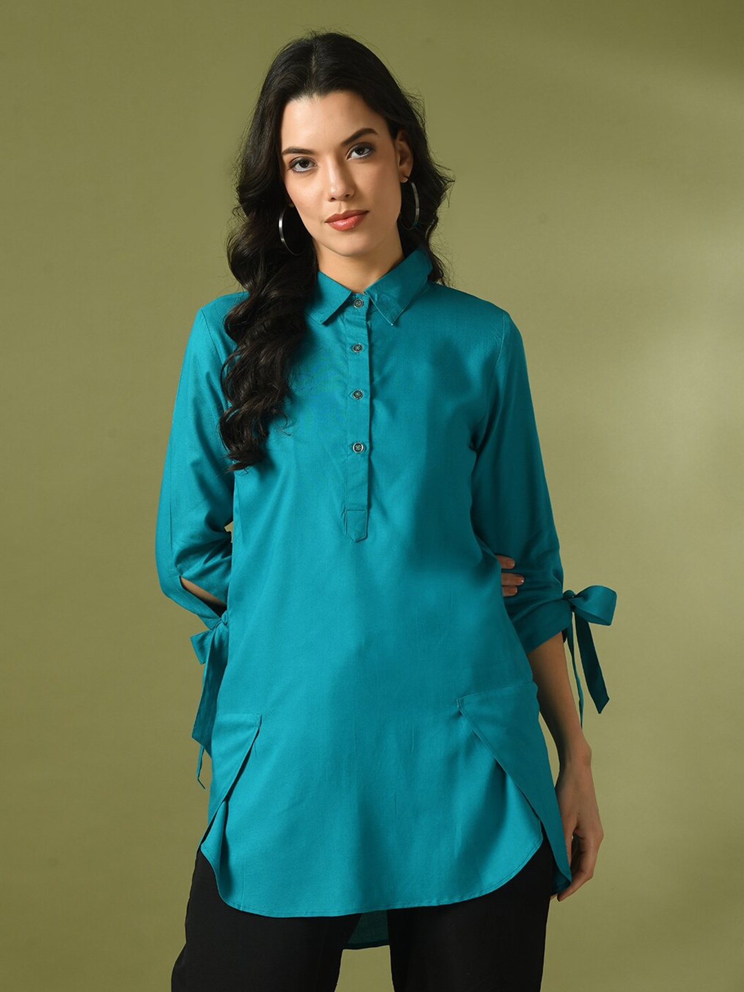 

DressBerry Shirt Collar Cotton High-Low Longline Top, Turquoise blue