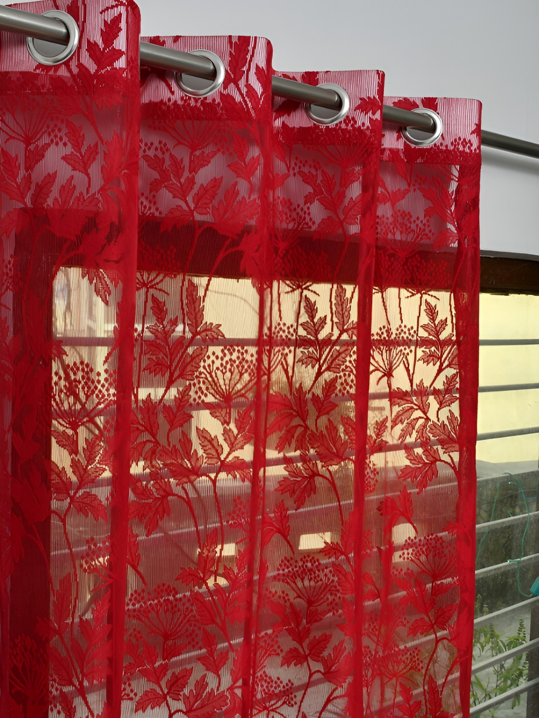 

RIDHAAN Maroon 2 Pieces Floral Sheer Long Door Curtains