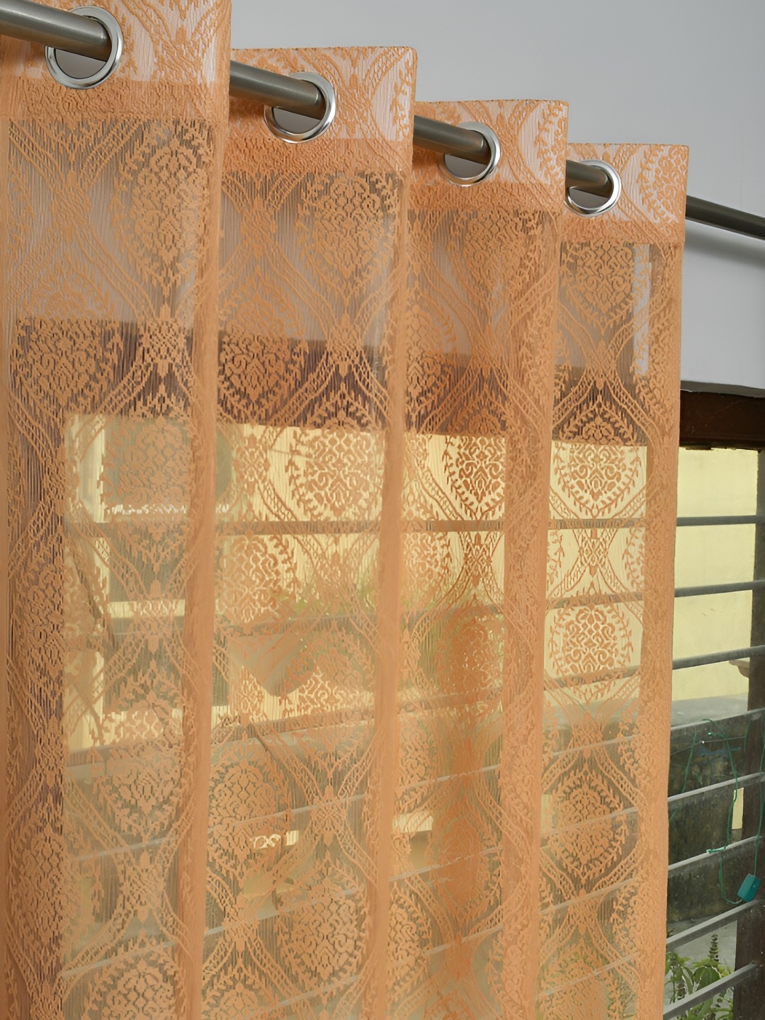 RIDHAAN Brown 2 Pieces Floral Sheer Door Curtains