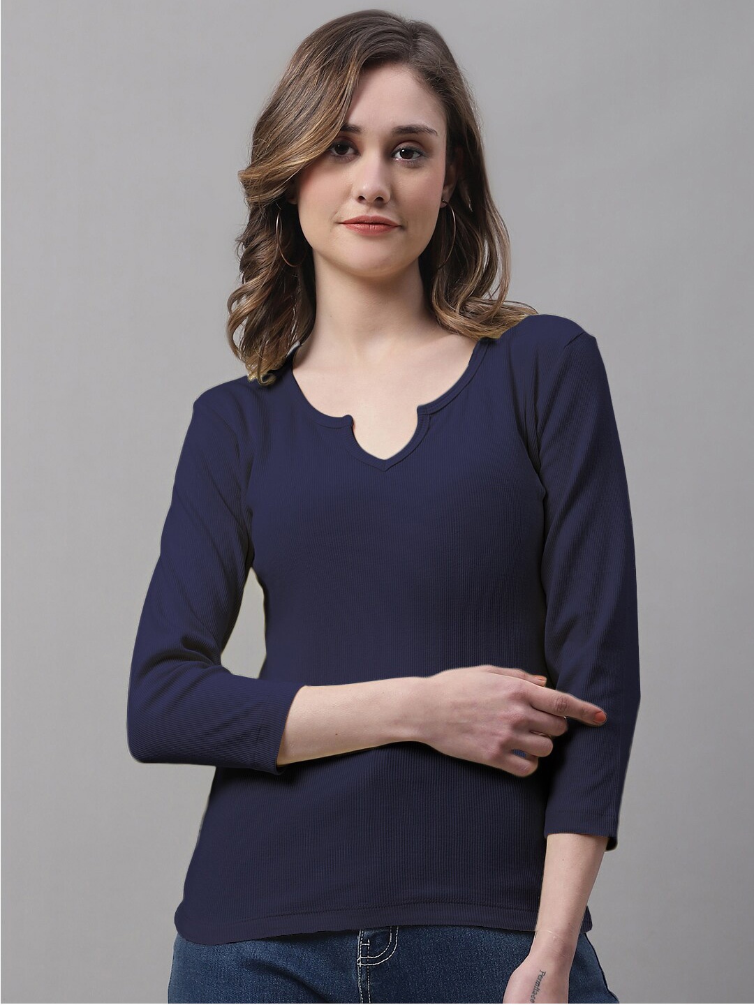 

FBAR Round Neck Three-Quarter Sleeves Top, Navy blue