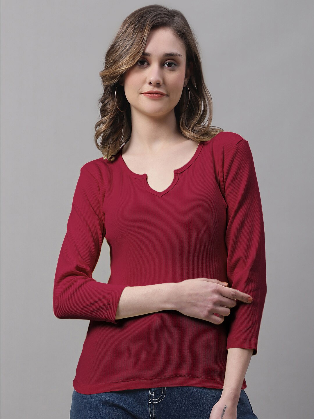 

FBAR Notch Neck Regular Cotton Casual Top, Maroon