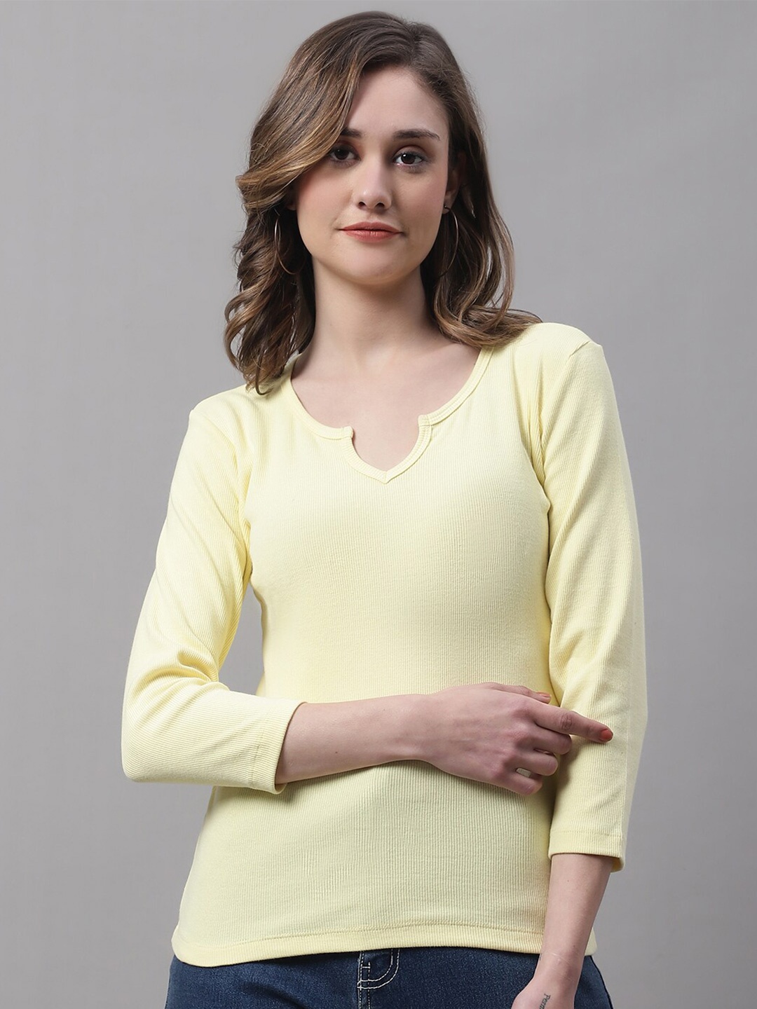 

FBAR Round Neck Three-Quarter Sleeves Top, Yellow