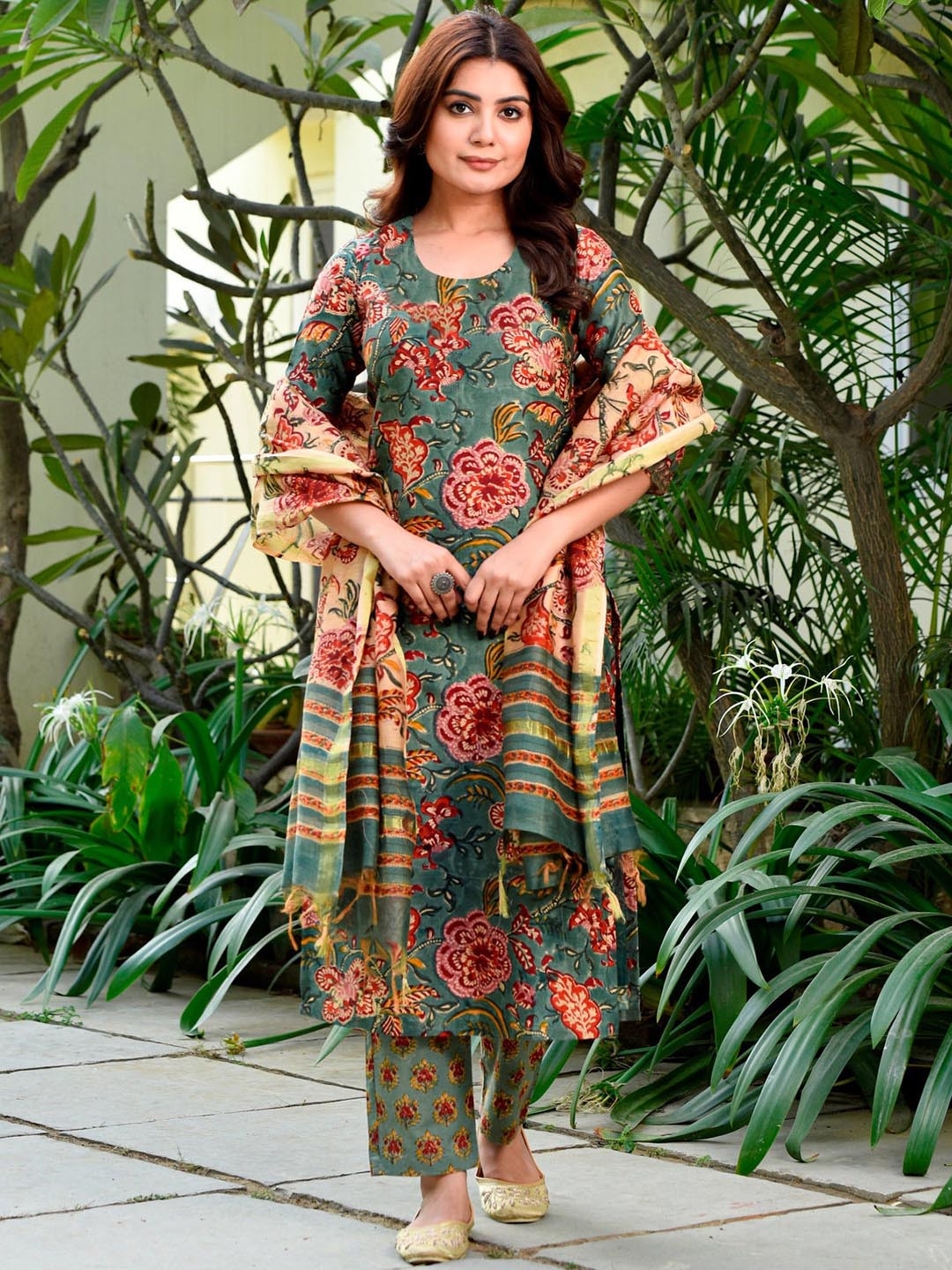 

KALINI Floral Printed Regular Kurta with Trousers & With Dupatta, Green