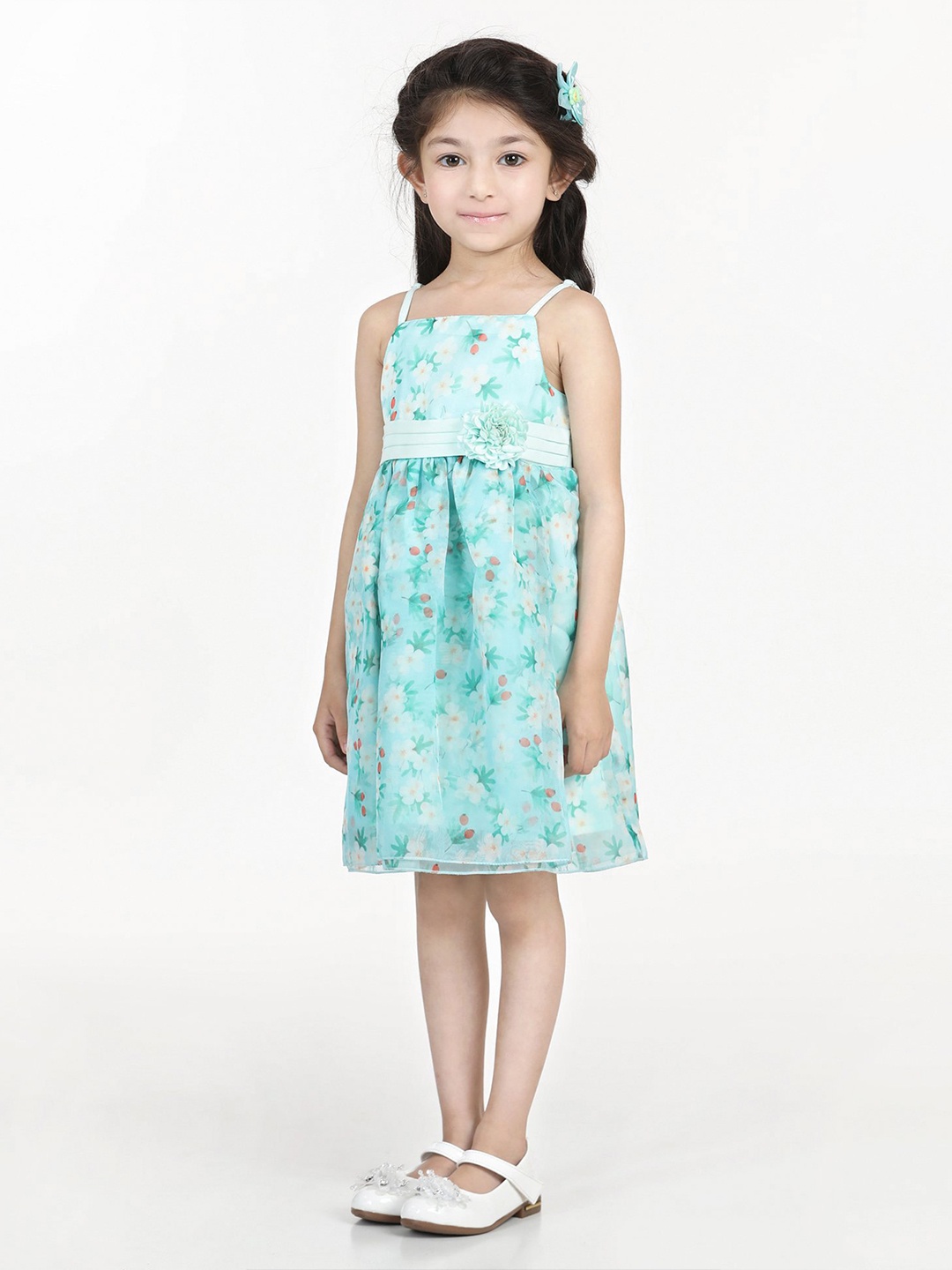 

Hola Bonita Girls Shoulder Strap Floral Print Pleated Net A-Line Dress, Sea green