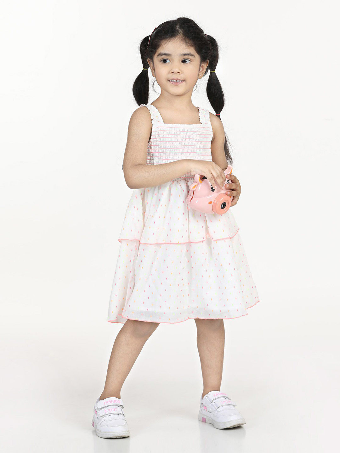 

Hola Bonita Shoulder Straps Polka Dot Print A-Line Dress, White