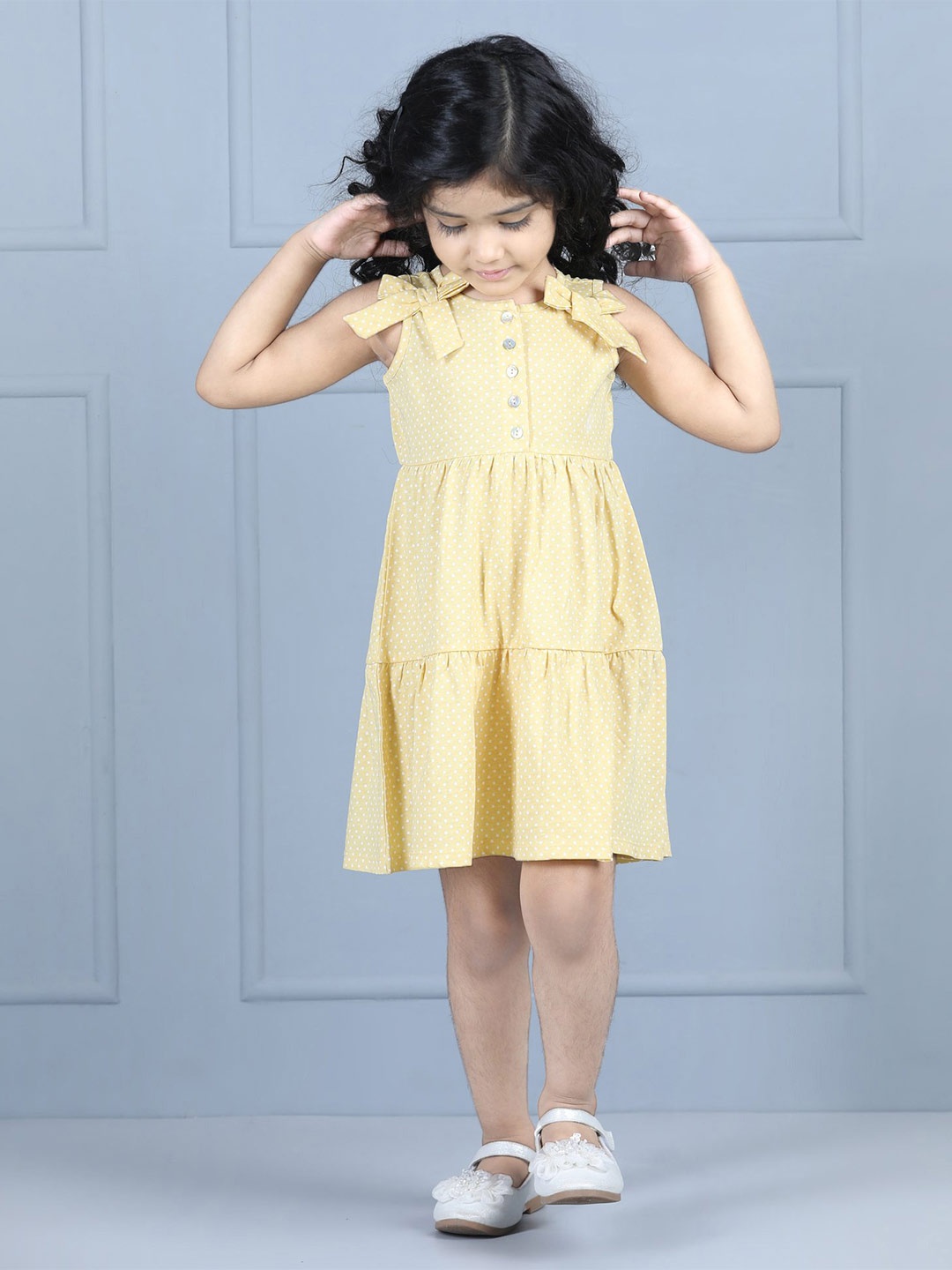

Hola Bonita Girls Polka Dots Printed Sleeveless Cotton A-Line Dress, Yellow