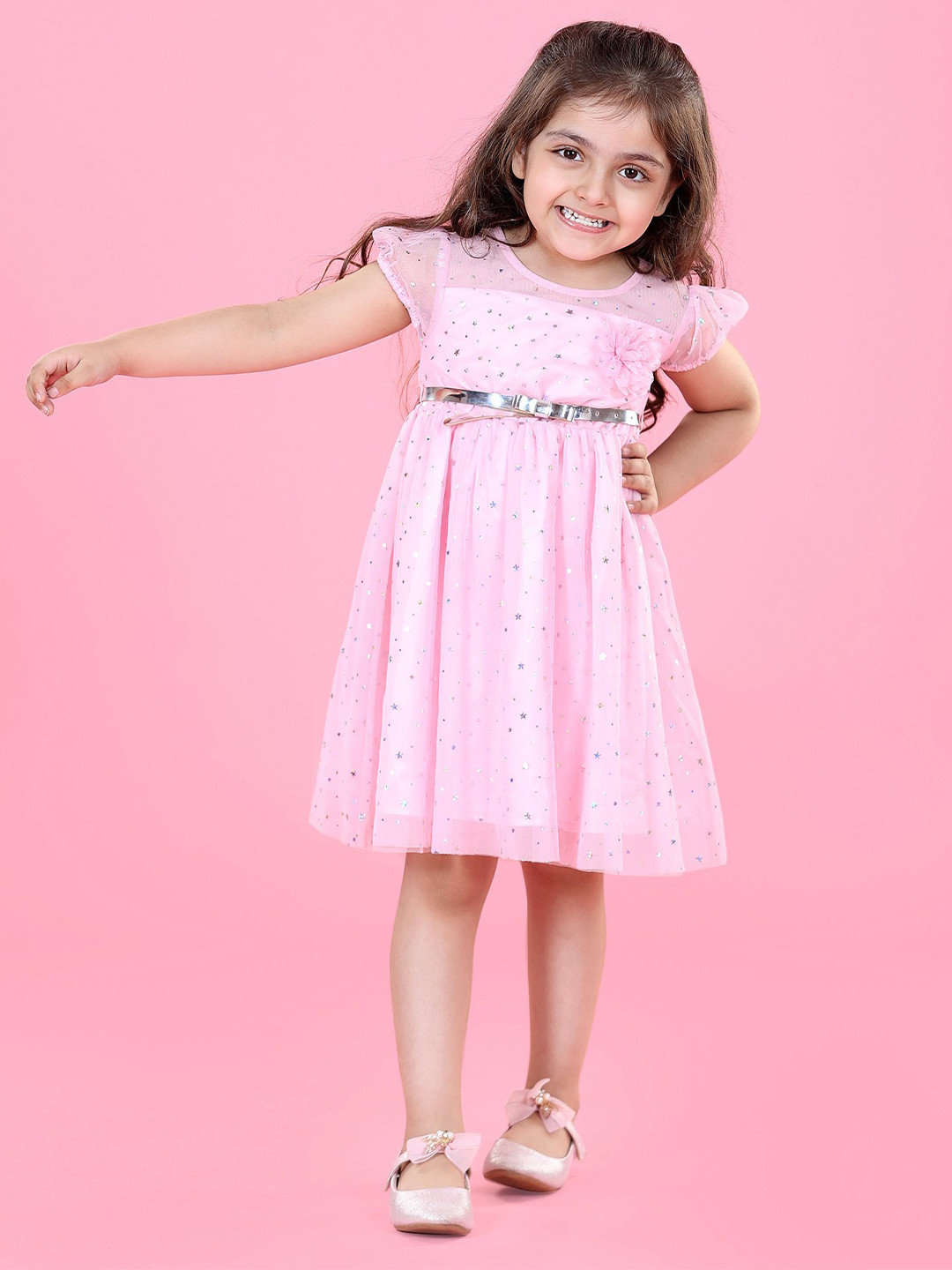 

Hola Bonita Girls Round Neck Flutter Sleeve Net Fit & Flare Dress, Pink