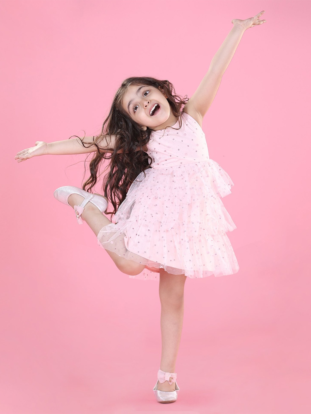 

Hola Bonita Girls Round Neck Net A-Line Dress, Pink