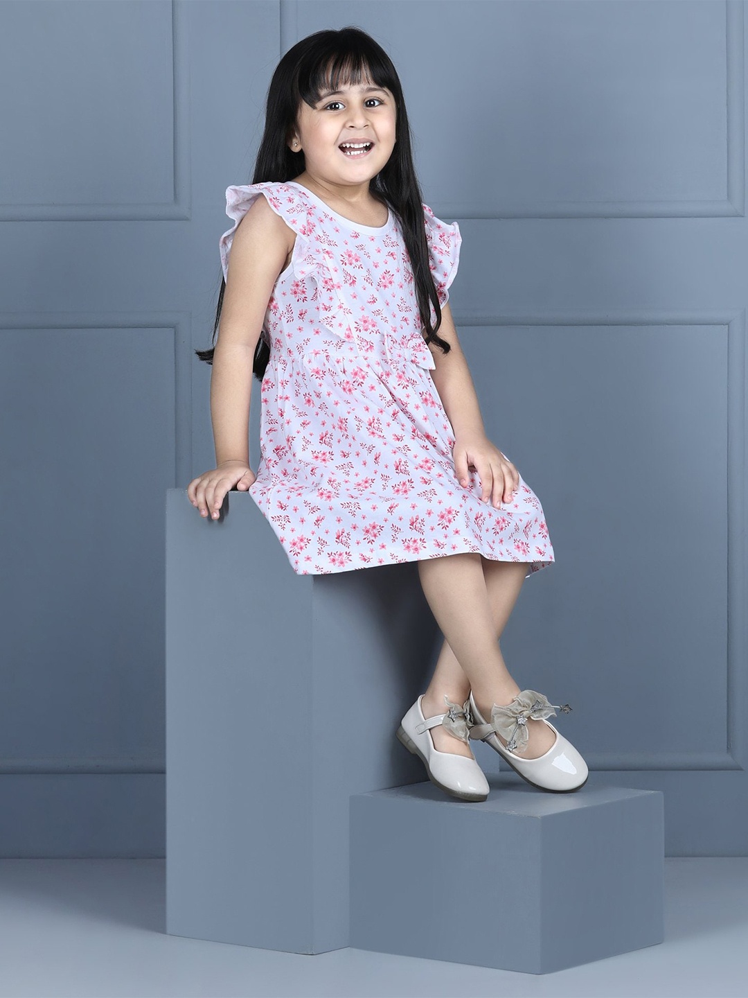 

Hola Bonita Girls Round Neck Floral Print Cotton A-Line Dress, White