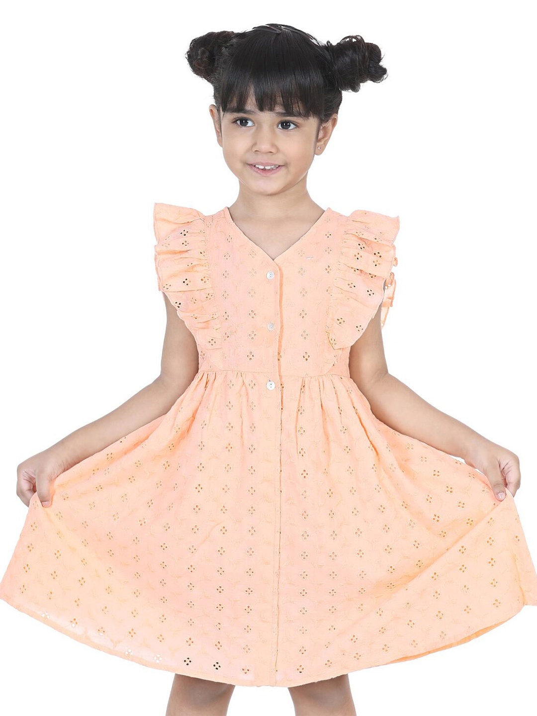 

Hola Bonita Girls Self Design Flutter Sleeves Cotton Fit & Flare Dress, Peach