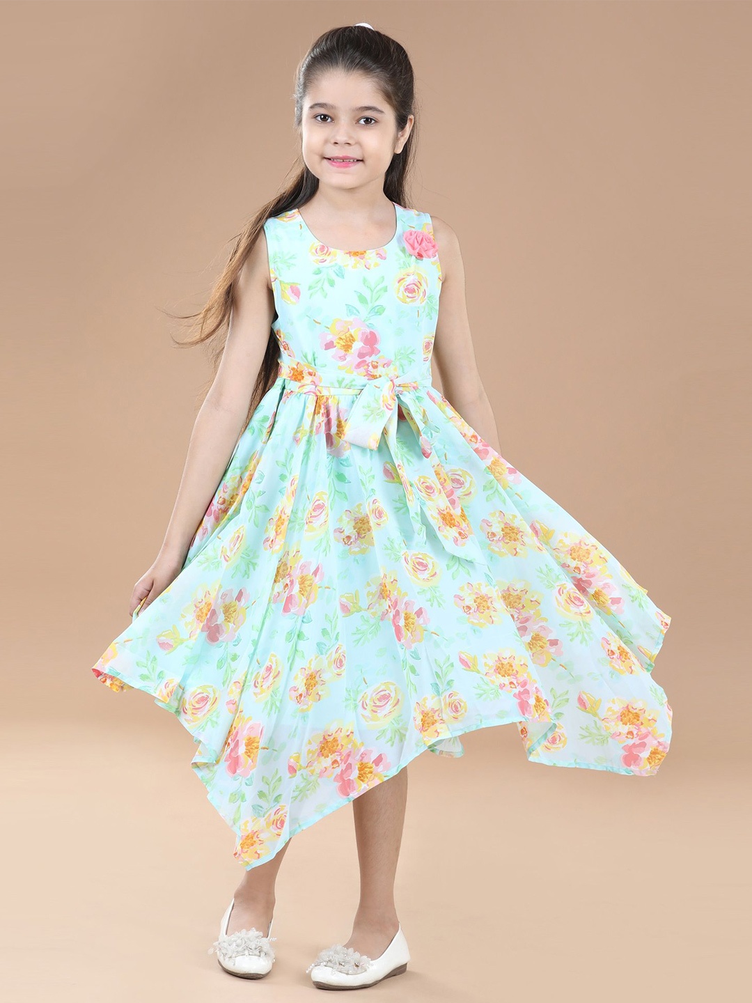 

Hola Bonita Girls Round Neck Floral Print Georgette Fit & Flare Midi Dress, Sea green