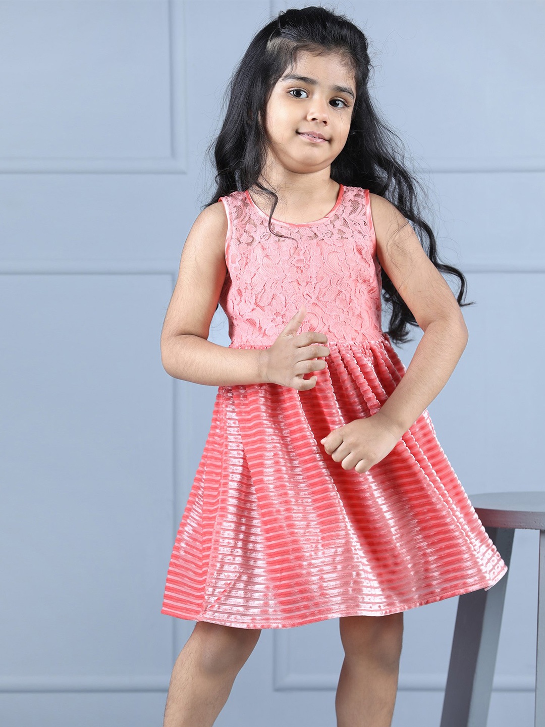 

Hola Bonita Girls Round Neck Self Design Velvet Fit & Flare Dress, Peach