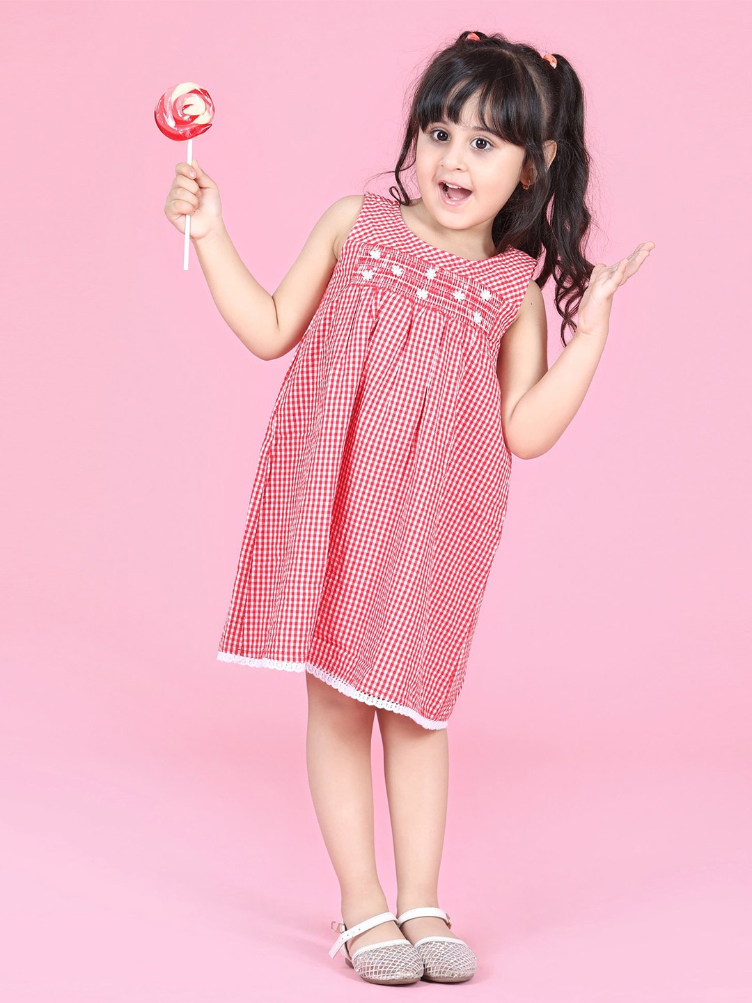 

Hola Bonita Girls Round Neck Checked Cotton A-Line Dress, Red