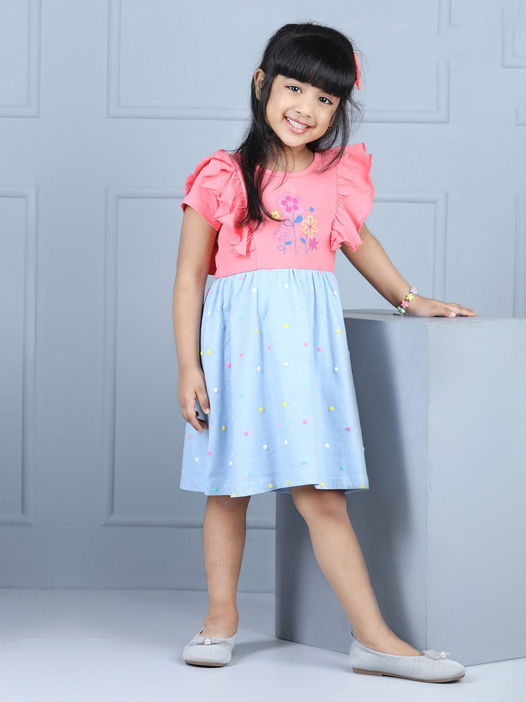 

Hola Bonita Girls Polka Dot Printed Round Neck Puff Sleeve Fit & Flare Dress, Pink