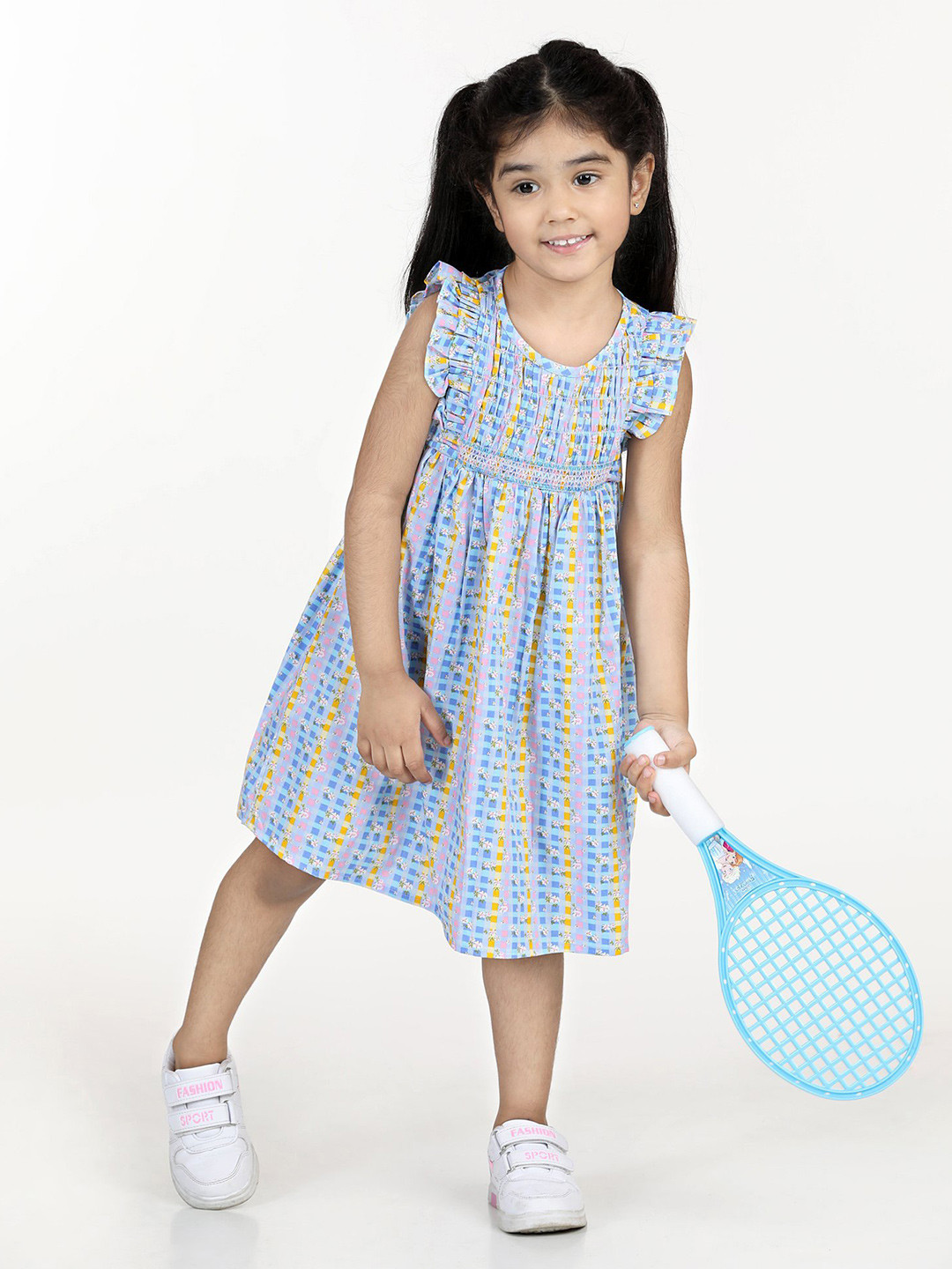 

Hola Bonita Girls Round Neck Geometric Printed A-Line Dress, Blue