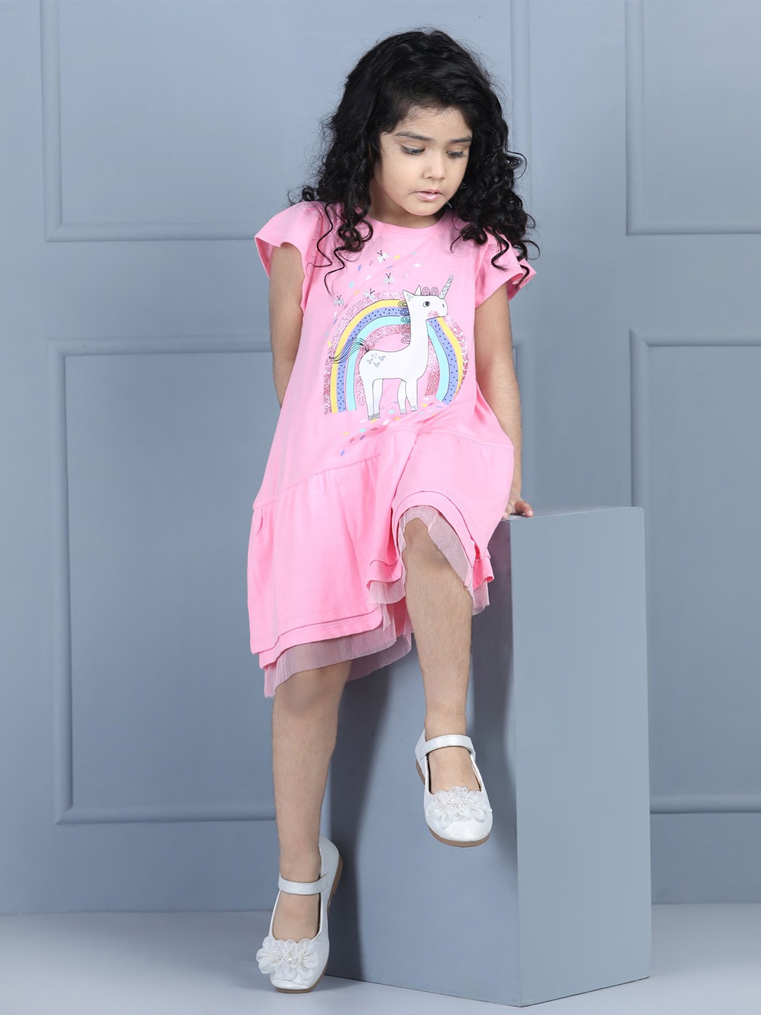 

Hola Bonita Girls Round Neck Graphic Printed Cotton A-Line Dress, Pink