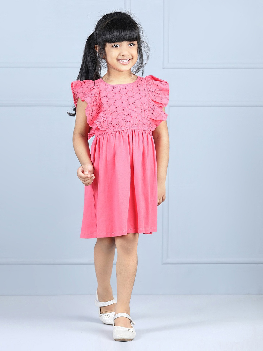

Hola Bonita Self Design Round Neck Flutter Sleeve A-Line Dress, Fuchsia