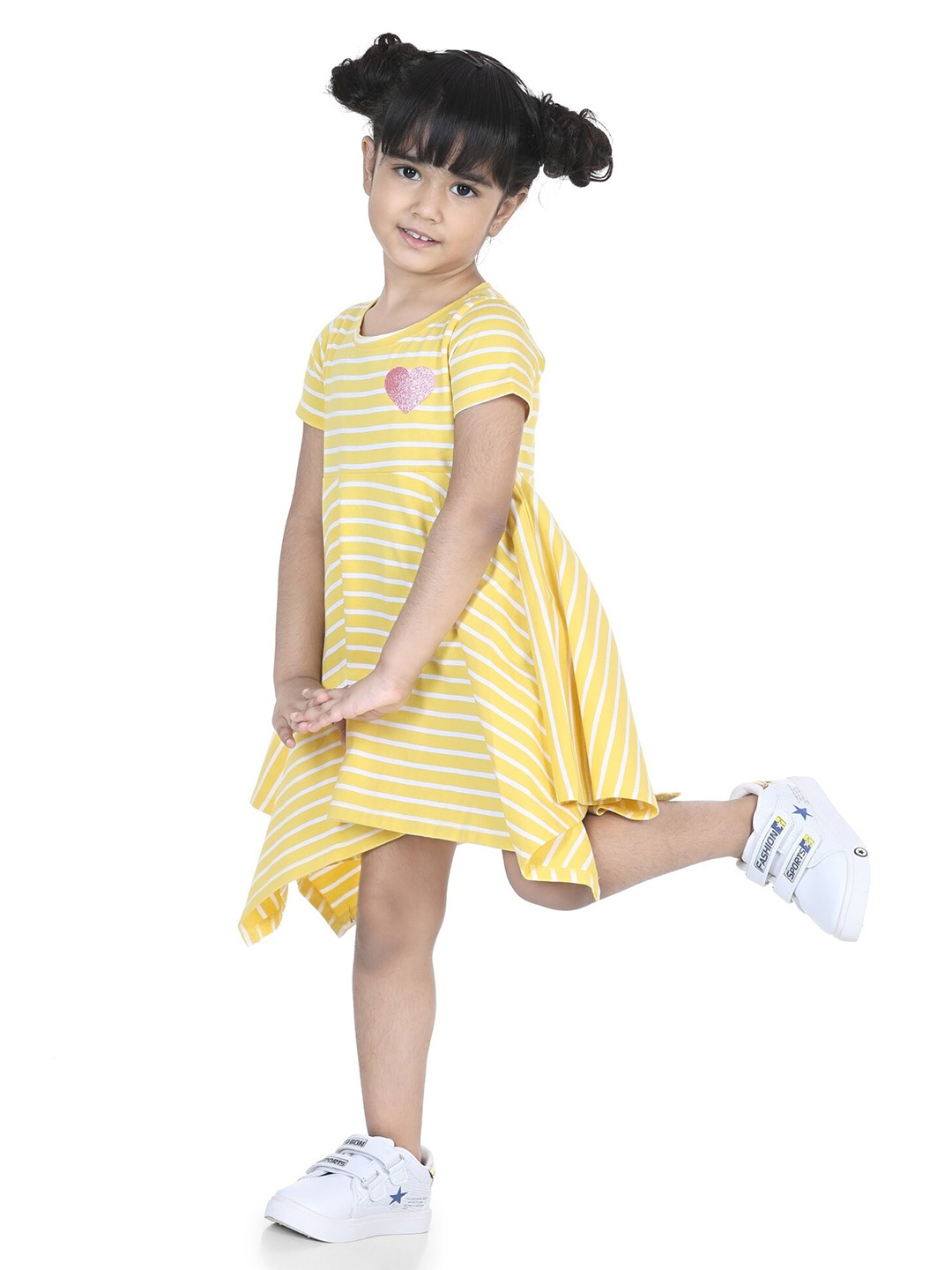 

Hola Bonita Girls Striped Half Sleeves Pure Cotton A-Line Dress, Yellow