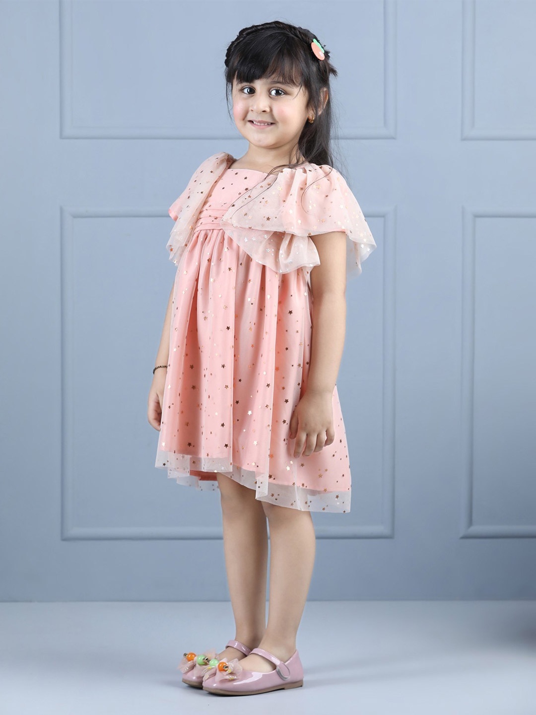

Hola Bonita Girls Round Neck Floral Flutter Sleeve Layered Net A-Line Dress, Peach