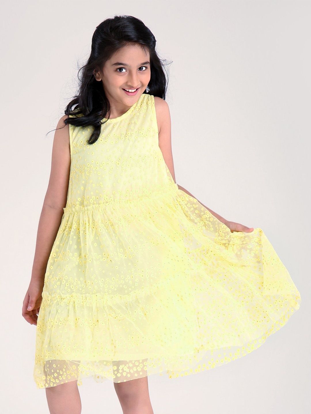 

Hola Bonita Girls Floral Embroidered Round Neck Net Dress, Yellow