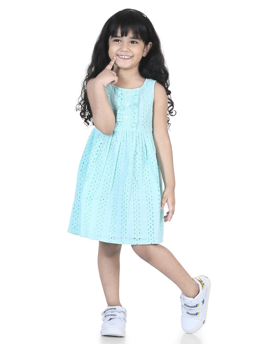 

Hola Bonita Girls Round Neck Self Design Cotton Fit & Flare Dress, Sea green