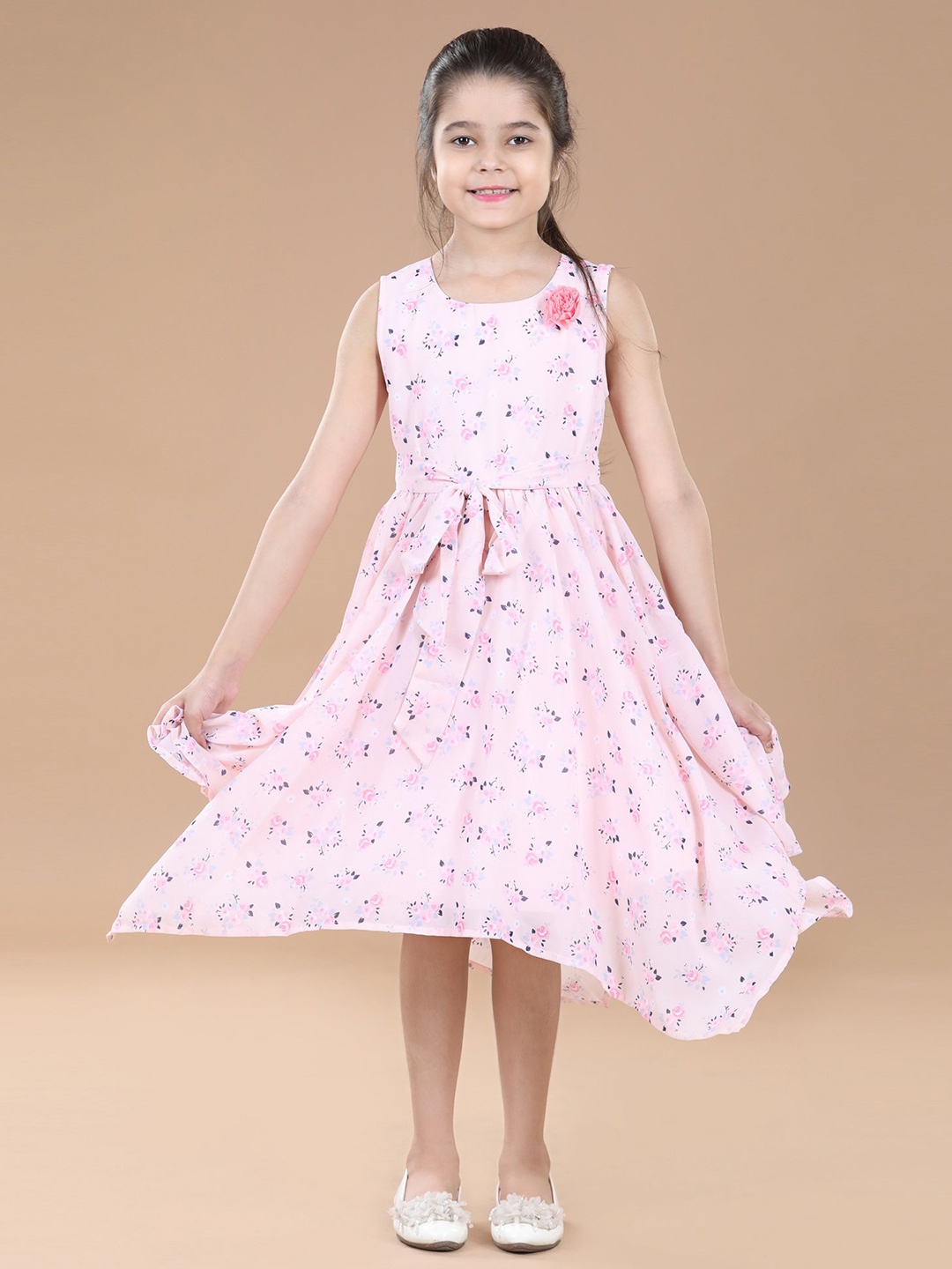 Hola Bonita Girls Floral Printed Sleeveless Fit & Flare Midi Dress, Pink