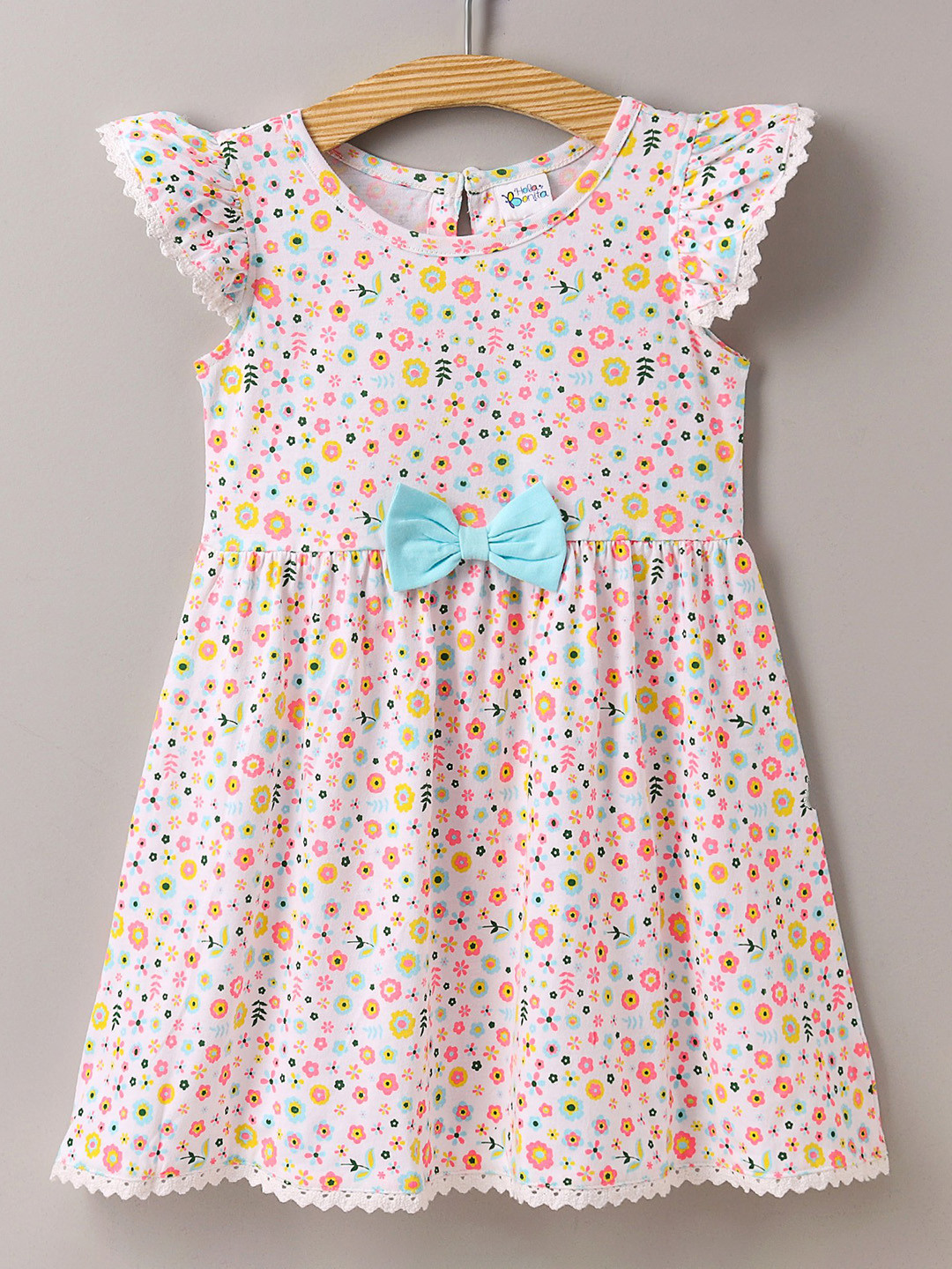 

Hola Bonita Girls Floral Printed Cap Sleeves Bow Applique A-Line Dress, White