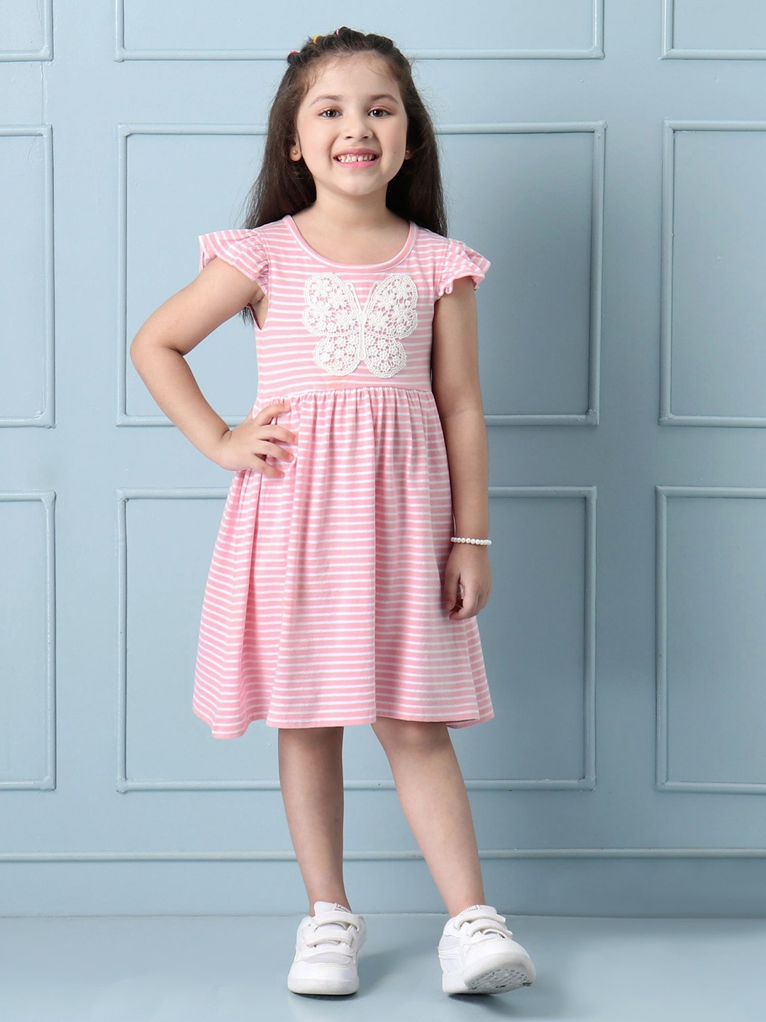 

Hola Bonita Girls Self Design Flutter Sleeve Pure Cotton A-Line Dress, Peach