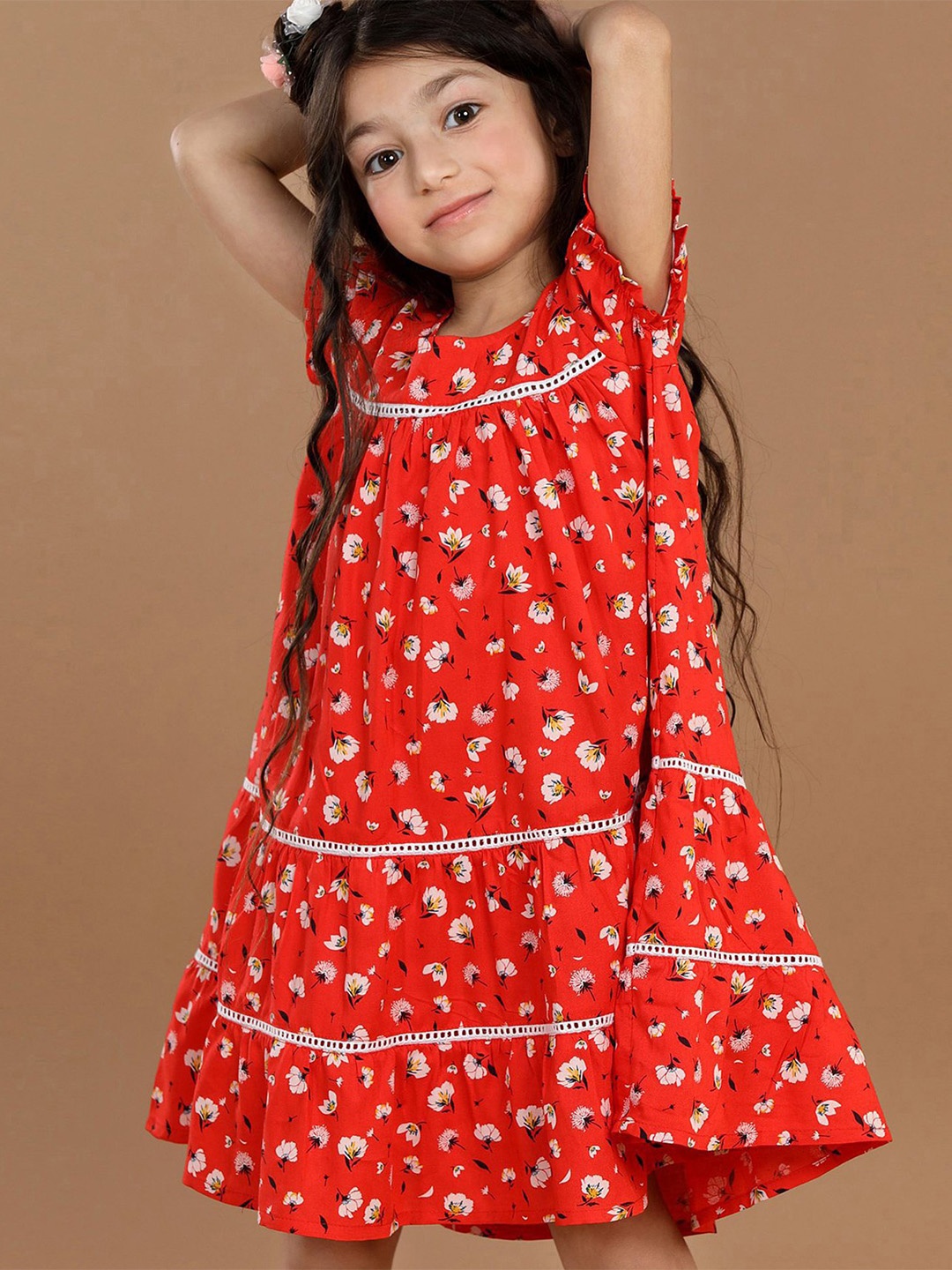 

Hola Bonita Girls Round Neck Floral Printed A-Line Dress, Red