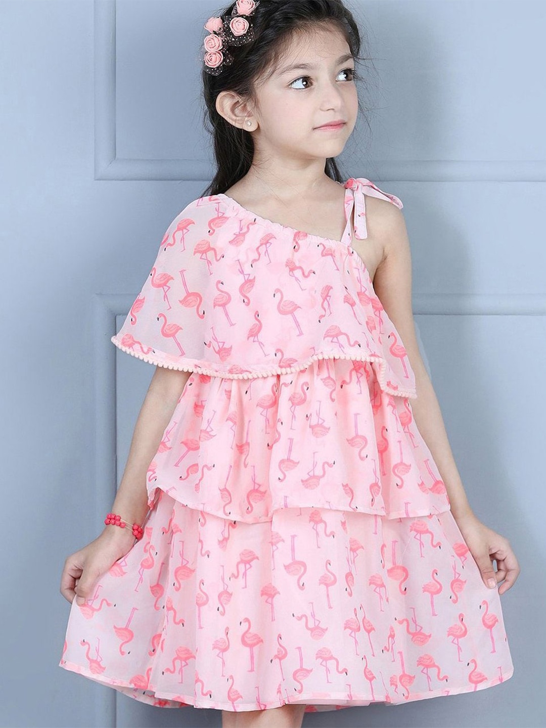 

Hola Bonita Girls Floral Printed Layered Georgette A-Line Dress, Pink