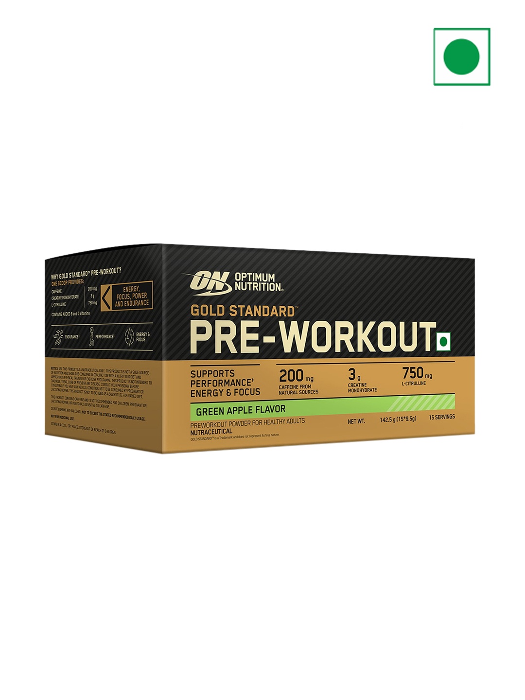 

Optimum Nutrition Gold Standard Pre-Workout- 15 servings, Green Apple Flavor 142.5 G, Black