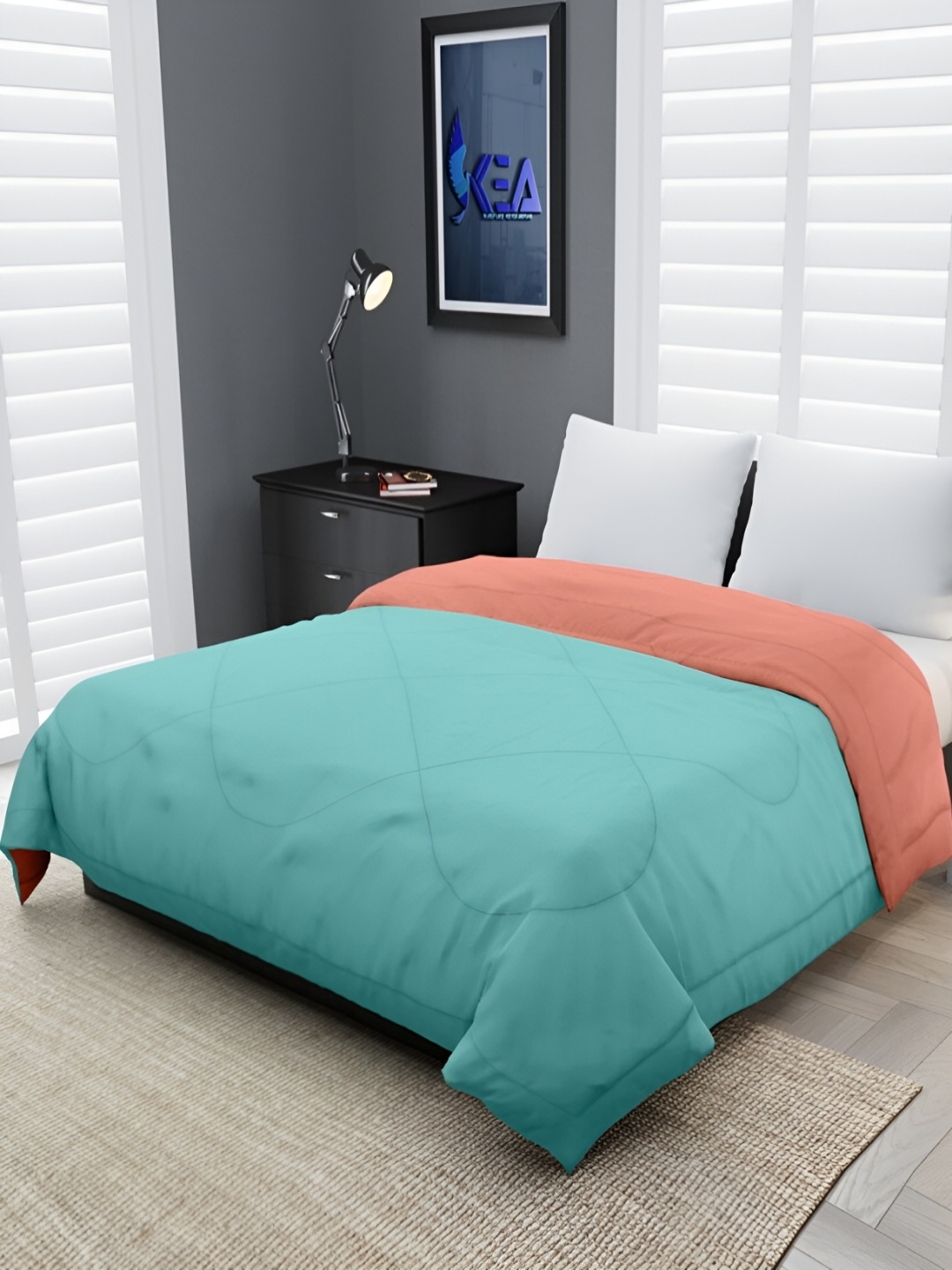 

RF RELAXFEEL Peach-Coloured & Blue Geometric Heavy Winter 233 GSM Double Bed Quilt