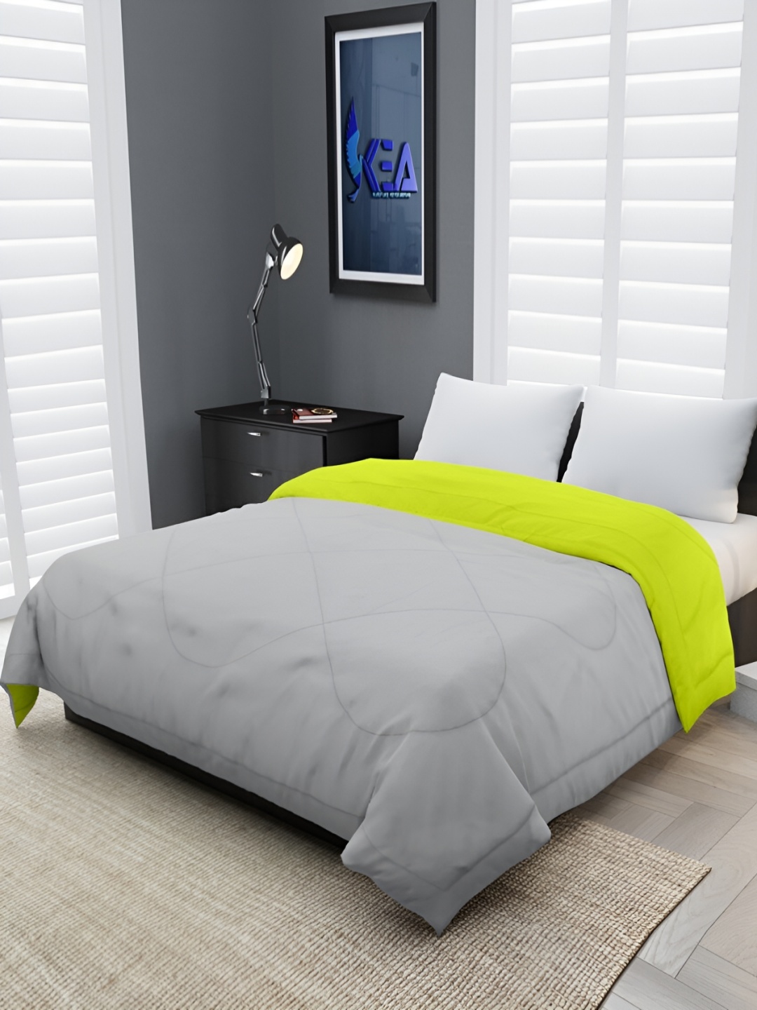 

RF RELAXFEEL Silver-Toned & Green Geometric Heavy Winter 233 GSM Double Bed Quilt